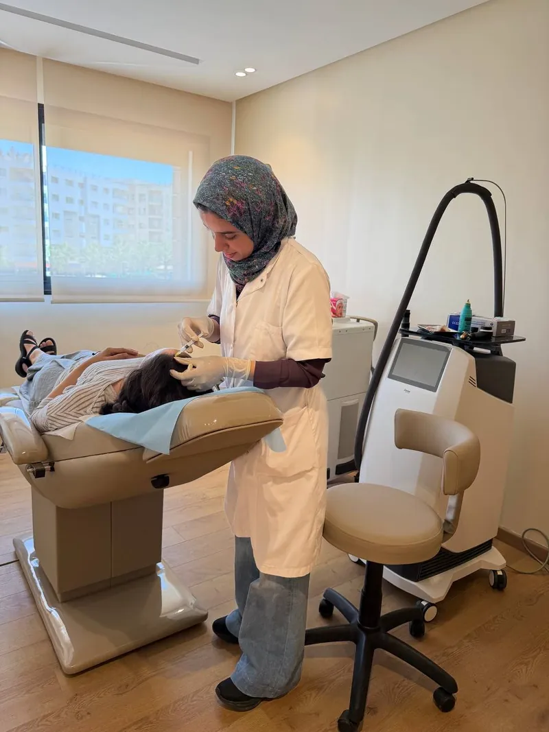 Le Dr Ouissal ESSADEQ réalisant des injections de PRP sur le cuir chevelu au cabinet de Rabat